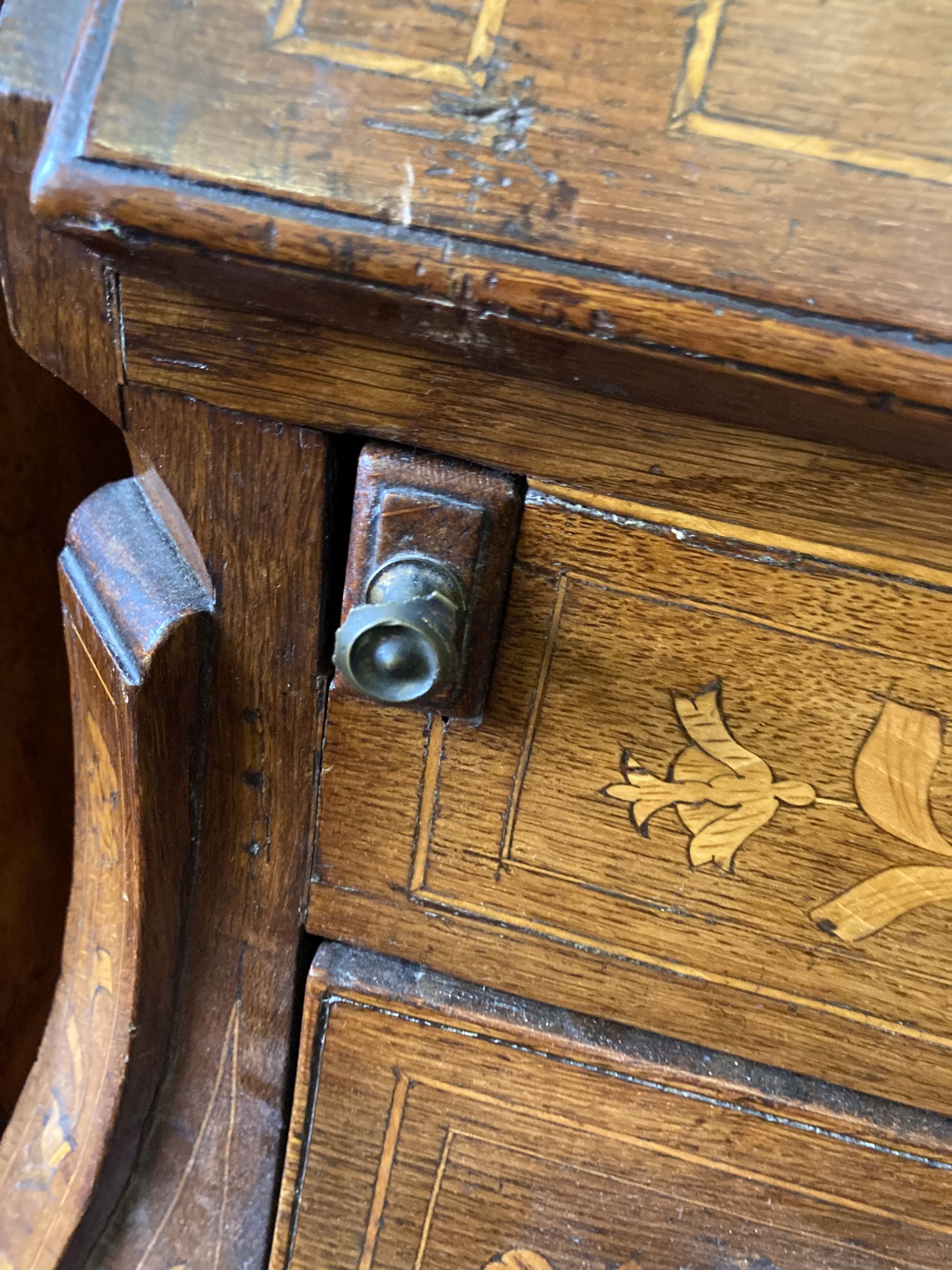 A Dutch marquetry oak and mahogany bombe bureau, circa 1800, width 104cm, depth 56cm, height 110cm